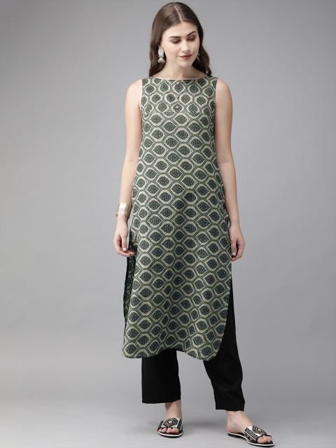 

Anouk Women Grey & Green Printed Straight Kurta