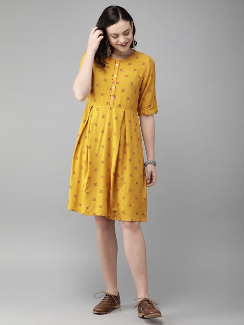 

Anouk Women Mustard Yellow & Red Printed A-Line Dress