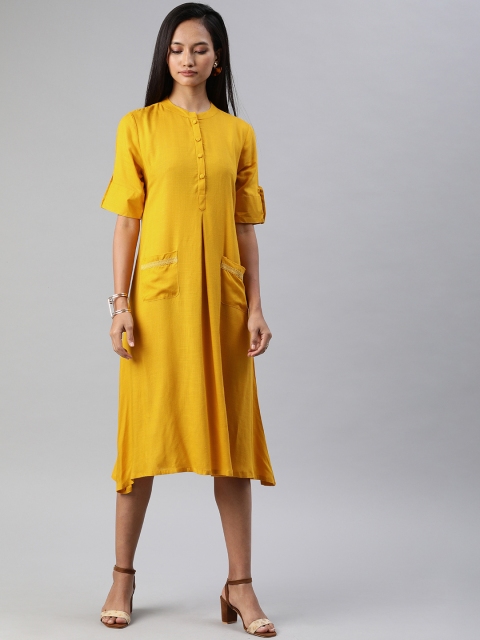 

Anouk Women Mustard Yellow Solid Fusion A-Line Kurta With Roll-Up Sleeves