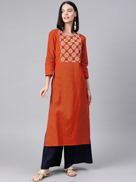 

Anouk Women Rust Red Yoke Design Straight Cotton-Linen Kurta