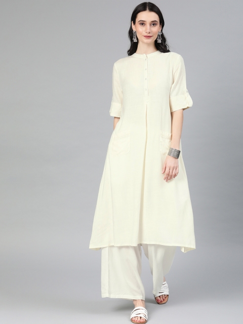 

Anouk Women Off-White Solid A-Line Kurta with Lace Insert Detailed Pocket