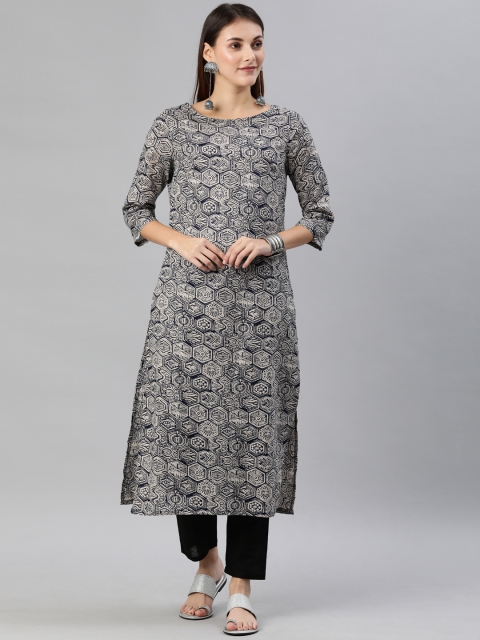 

Anouk Women Off-White & Navy Blue Printed Straight Kurta