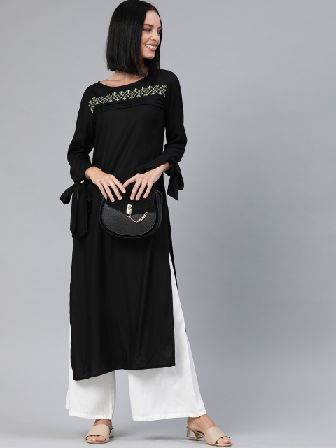 

Anouk Women Black Yoke Design Straight Kurta with Tie-Up Cuffs