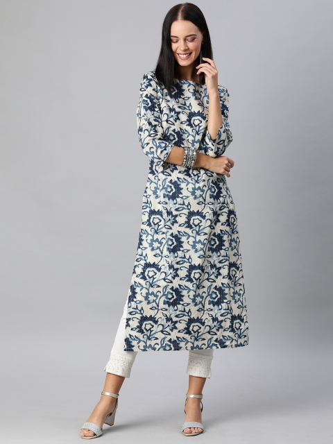 

Anouk Women Off-White & Navy Blue Printed Straight Kurta