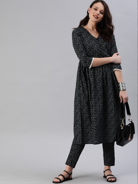 

Anouk Women Black & Grey Printed Kurta with Trousers
