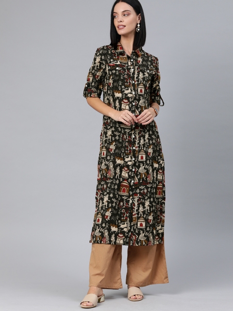 

Anouk Women Black & Off-White Printed Straight Kurta With Roll-Up Sleeves