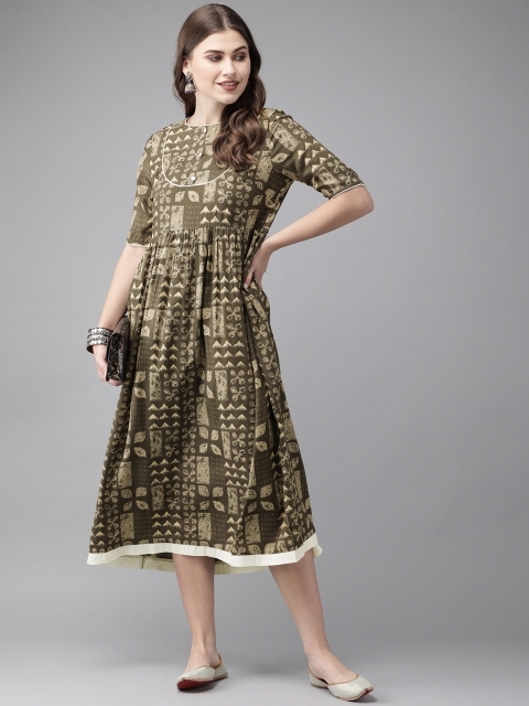 

Anouk Women Grey & Cream-Coloured Printed A-Line Fusion Kurta