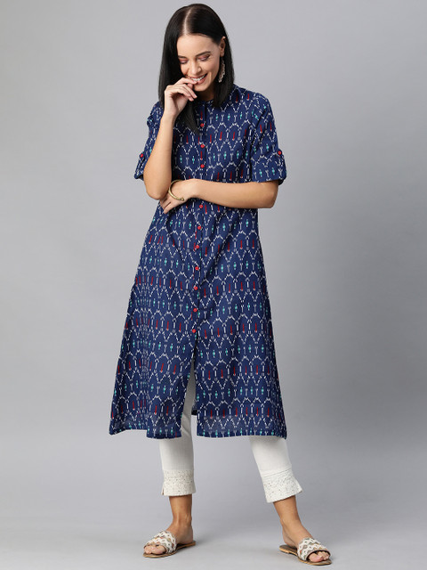 

Anouk Women Navy Blue & White Printed A-Line Kurta