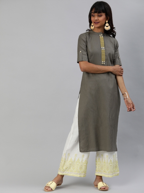 

Anouk Women Grey Solid Straight Kurta With Embroidered Detailing