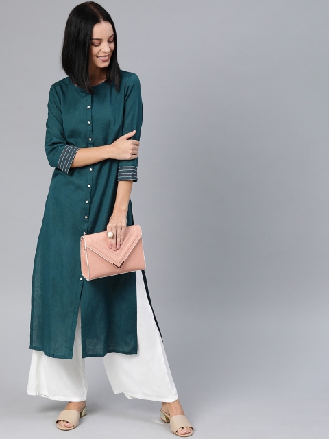 

Anouk Women Teal Blue Solid Straight Cotton-Linen Kurta