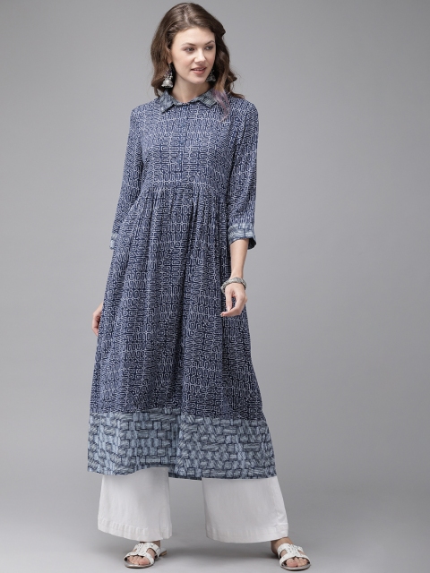 

Anouk Women Navy Blue & White Printed A-Line Kurta with Gatherers