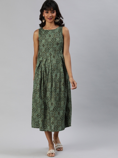

Anouk Women Green & Brown Printed Gathered A-Line Fusion Kurta with Pocket