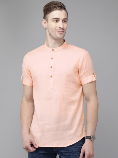 

Anouk Men Peach-Coloured Striped A-Line Kurta