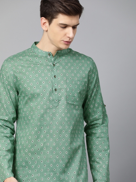 Men Green & White Printed Cotton Straight Kurta