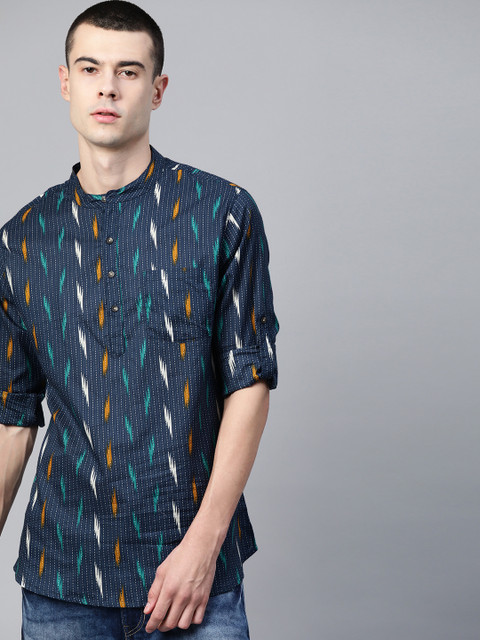 

Anouk Men Navy Blue & White Printed Straight Kurta