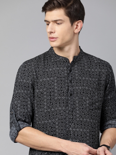Men Black & White Printed Straight Kurta