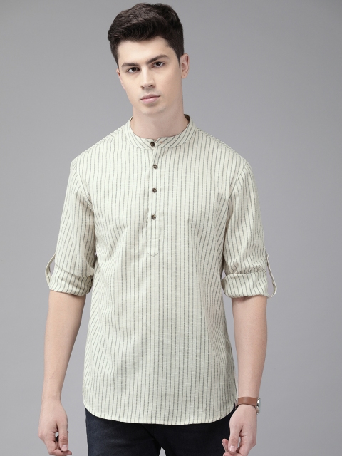 

Anouk Men Off-White & Grey Striped Straight Kurta