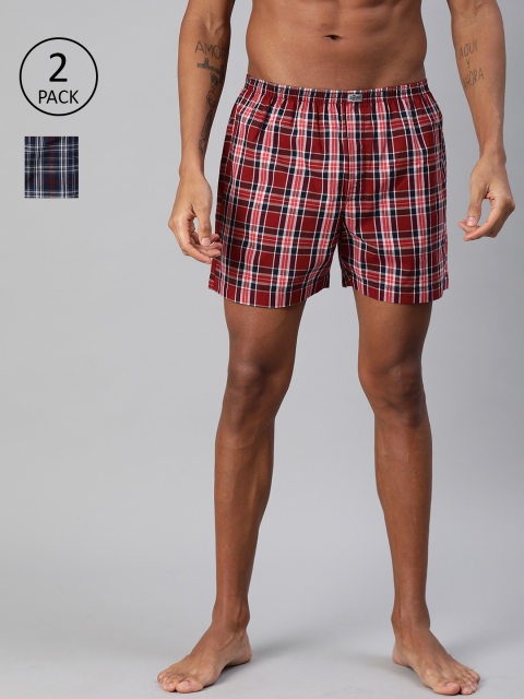 

Roadster Men Pack of 2 Navy Blue and Maroon Checked Boxers