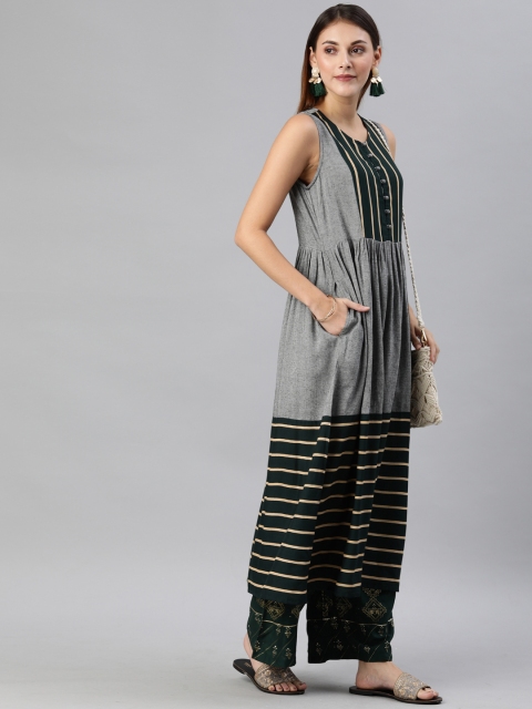 

Anouk Women Grey Striped A-Line Kurta With Gathers