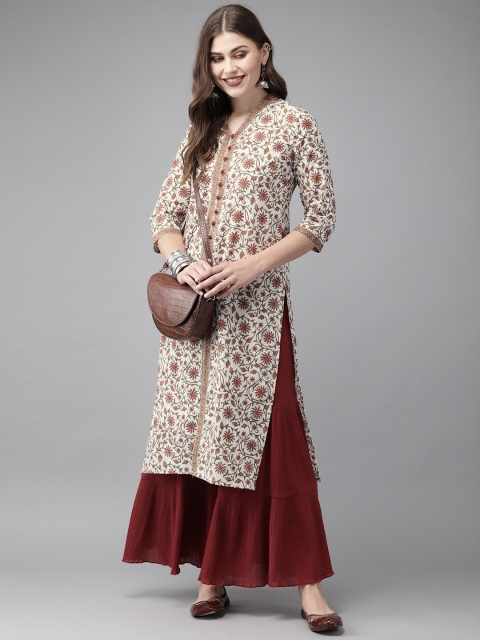 

Anouk Women White & Maroon Printed Straight Kurta