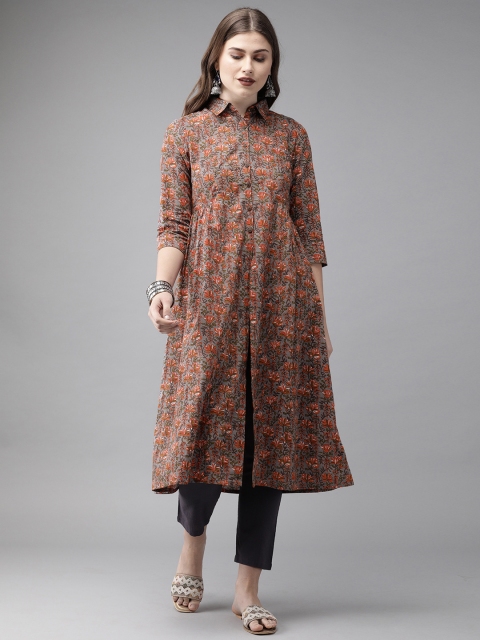 

Anouk Women Grey & Orange Printed A-Line Kurta with Trousers