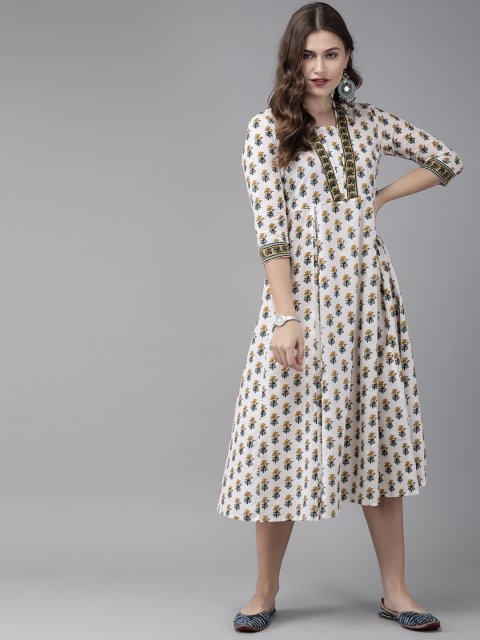 

Anouk Women White & Mustard Yellow Printed Fit and Flare Dress With Gathered Detail