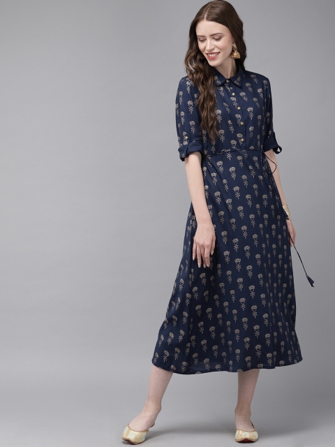 

Anouk Women Navy Blue & Golden Printed A-Line Fusion Kurta