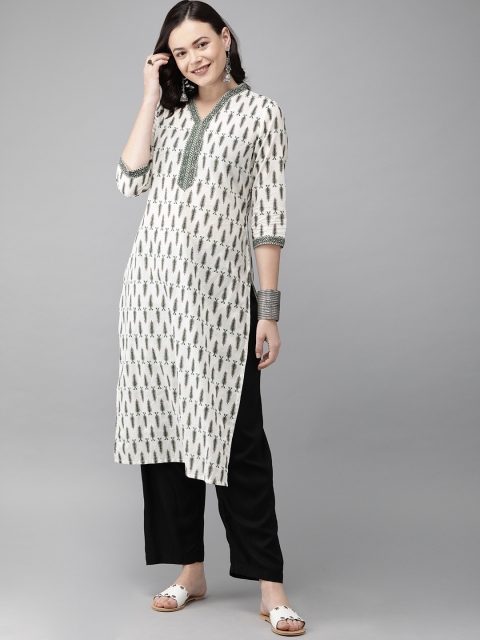

Anouk Women White & Green Printed Straight Kurta