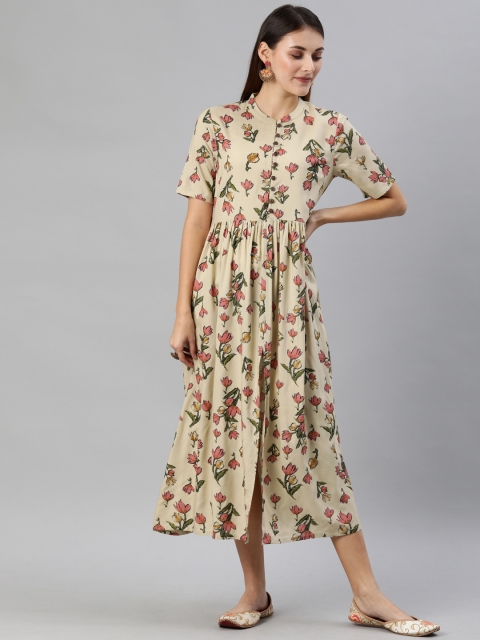 

Anouk Women Beige & Pink Floral Printed Gathered A-Line Fusion Kurta with Front Slit