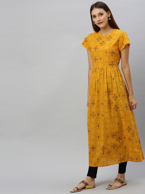 

Anouk Women Mustard Yellow & Black Printed Ankle-Length Straight Kurta
