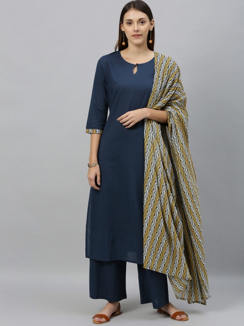 

Anouk Women Navy Blue Solid Kurta with Palazzos & Dupatta