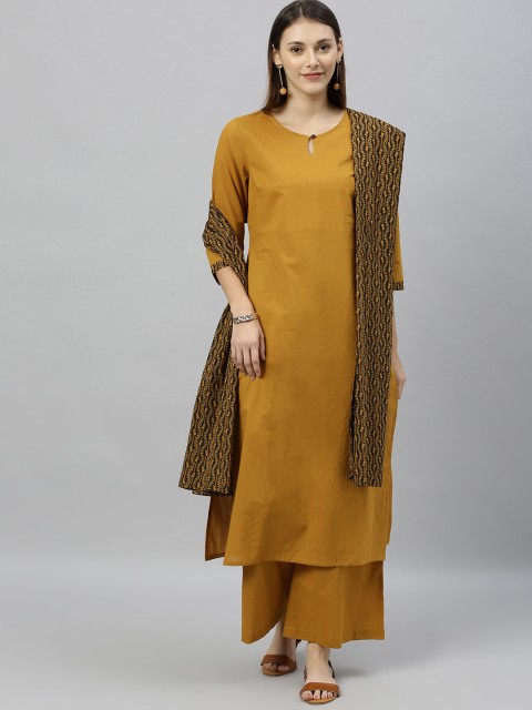 

Anouk Women Mustard Yellow Solid Kurta with Palazzos & Dupatta