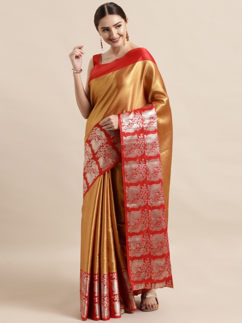 

VASTRANAND Gold-Toned & Red Silk Blend Solid Kanjeevaram Saree