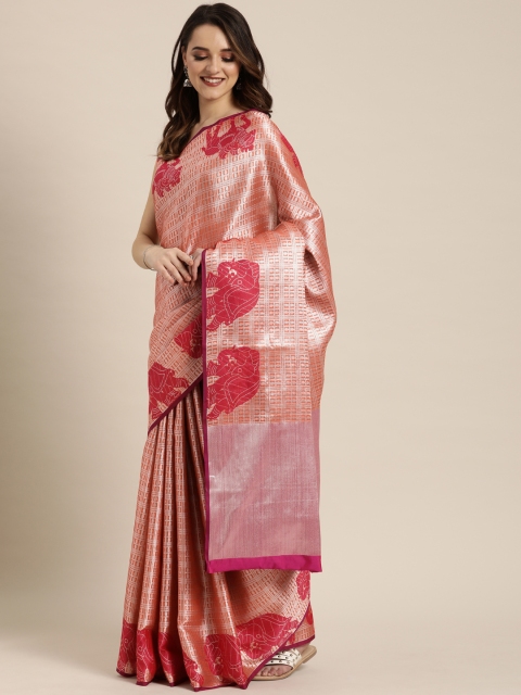 

VASTRANAND Peach-Coloured & Gold-Toned Silk Blend Checked Kanjeevaram Saree
