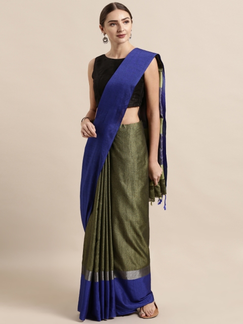 

VASTRANAND Olive Green Solid Linen Blend Saree