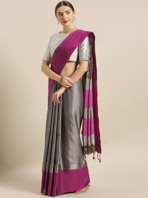 

VASTRANAND Grey & Pink Linen Blend Solid Saree