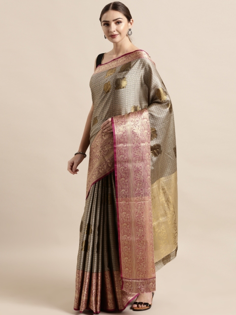 

VASTRANAND Grey & Gold-Toned Silk Blend Woven Design Kanjeevaram Saree