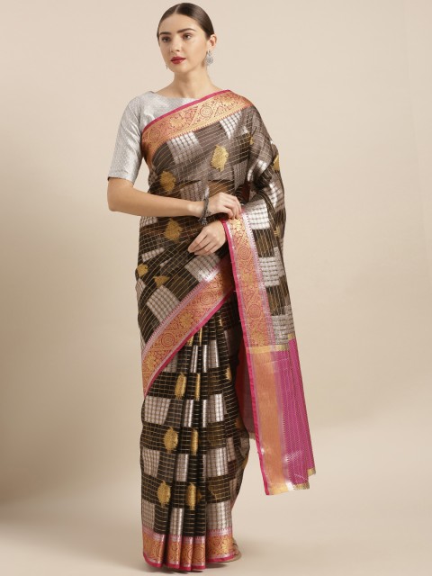 

VASTRANAND Black & Silver-Toned Organza Woven Design Kanjeevaram Saree