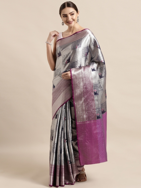 

VASTRANAND Grey & Silver Silk Blend Woven Design Kanjeevaram Saree