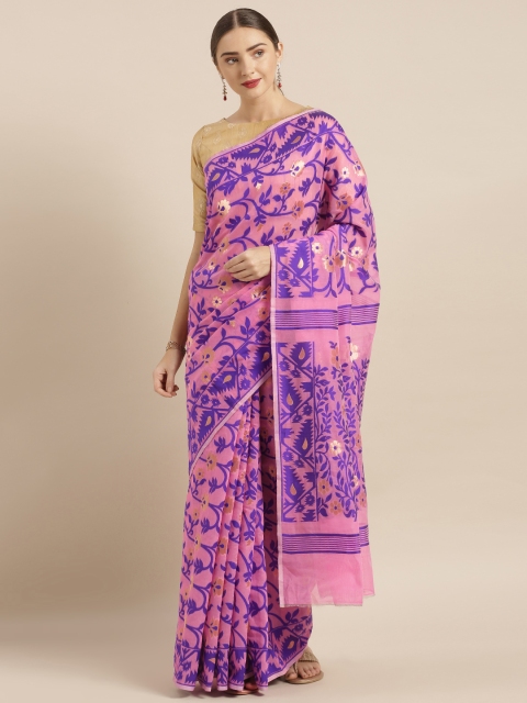 

VASTRANAND Pink & Blue Silk Cotton Woven Design Jamdani Saree