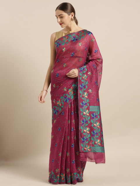 

VASTRANAND Burgundy & Green Silk Cotton Woven Design Jamdani Saree