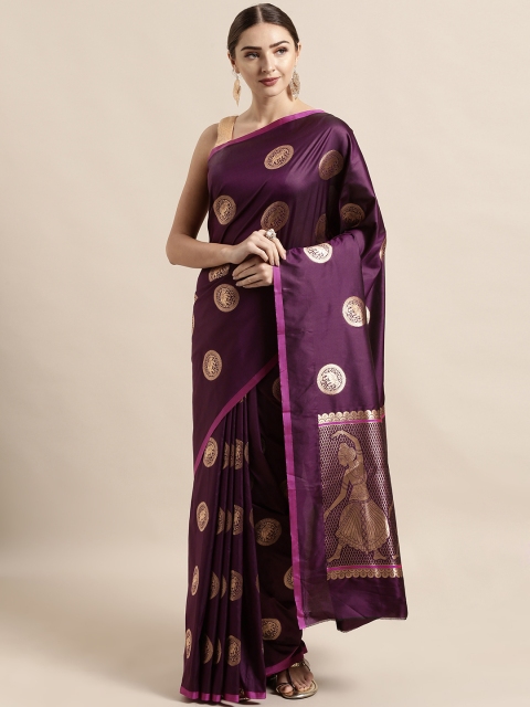 

VASTRANAND Purple & Gold-Toned Silk Blend Woven Design Banarasi Saree