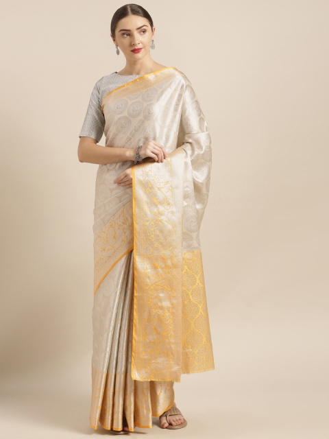 

VASTRANAND Beige & Yellow Silk Blend Woven Design Kanjeevaram Saree