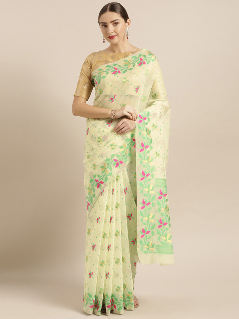 

VASTRANAND Cream-Coloured & Green Silk Cotton Woven Design Jamdani Saree