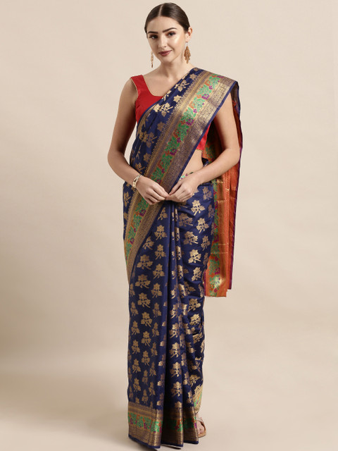 

VASTRANAND Navy Blue & Gold-Toned Silk Blend Woven Design Banarasi Saree