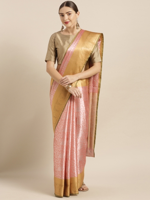 

VASTRANAND Pink & Silver-Toned Silk Blend Woven Design Kanjeevaram Saree