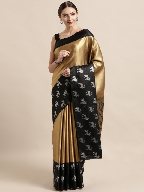 

VASTRANAND Gold-Toned & Black Silk Blend Solid Kanjeevaram Saree