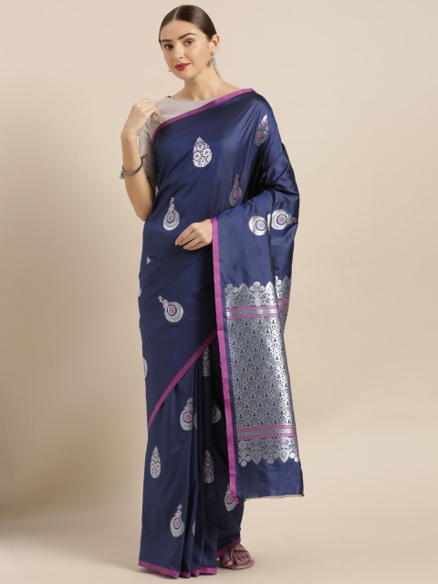 

VASTRANAND Navy Blue & Silver-Toned Silk Blend Woven Design Banarasi Saree