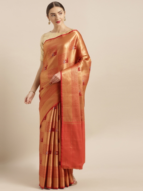 

VASTRANAND Maroon Kora Muslin Silk Blend Checked Kanjeevaram Saree