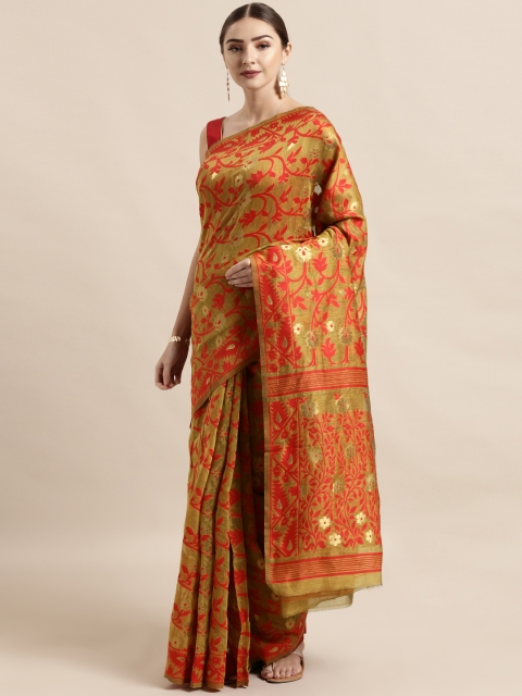 

VASTRANAND Mustard Yellow & Red Silk Cotton Woven Design Jamdani Saree